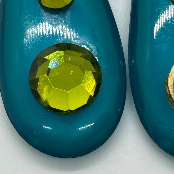 Vintage 1960s Lucite Dangle Clip-On Earrings Teal & Green Mod Design With Facete - Picture 13 of 16